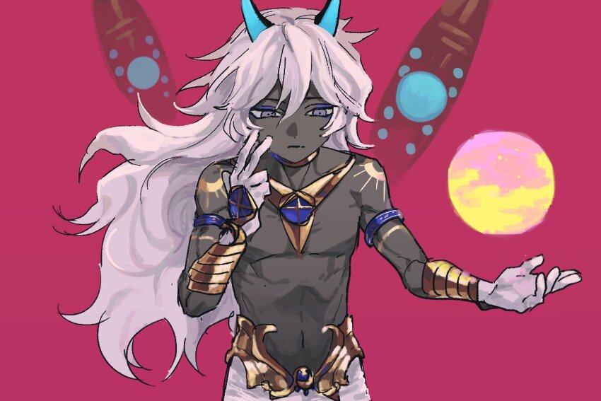 1boy arjuna_(fate) arjuna_alter_(fate) armlet blue_horns bracelet commentary_request dark-skinned_male dark_skin fate/grand_order fate_(series) gloves horns jewelry jhwxxxnb korean_commentary long_hair male_focus neck_ring purple_eyes red_background skinny solo topless_male very_dark_skin very_long_hair white_gloves white_hair