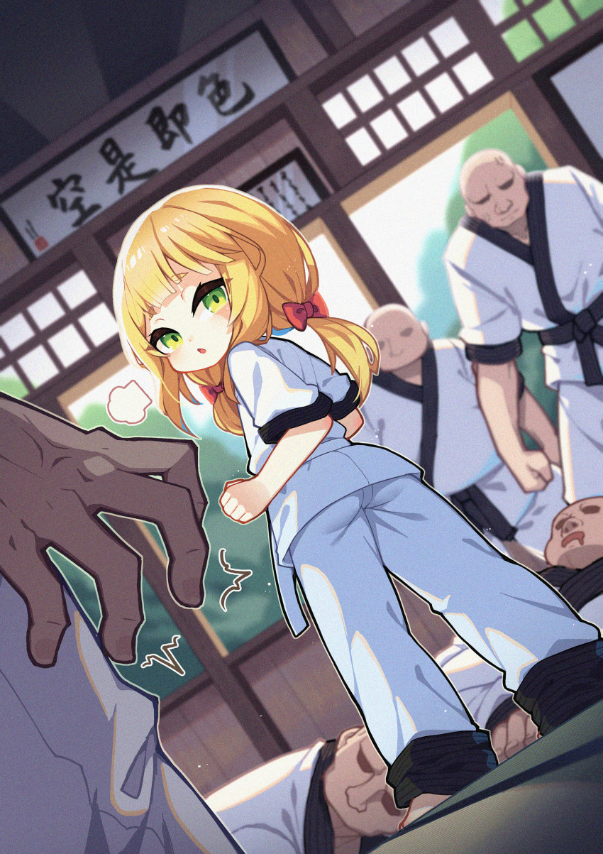 1girl 5boys absurdres ass bald belt black_belt blonde_hair borrowed_character bow child clenched_hands dojo dougi faceless faceless_male from_behind green_eyes hair_bow highres karate karate_gi kotoba_(1074421015) long_hair looking_back low_twintails martial_arts martial_arts_belt multiple_boys original pants ribbon shirt twintails white_belt white_pants white_shirt