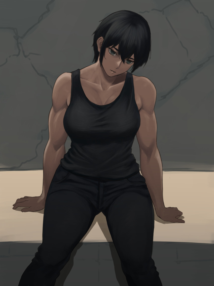 1girl absurdres android black_eyes black_hair black_pants breasts commission empty_eyes highres mechabare medium_breasts muscular muscular_female pants pixiv_commission rob_110101101 short_hair sitting t-800 tank_top terminator_(series) terminator_3:_rise_of_the_machines the_terminator unconscious