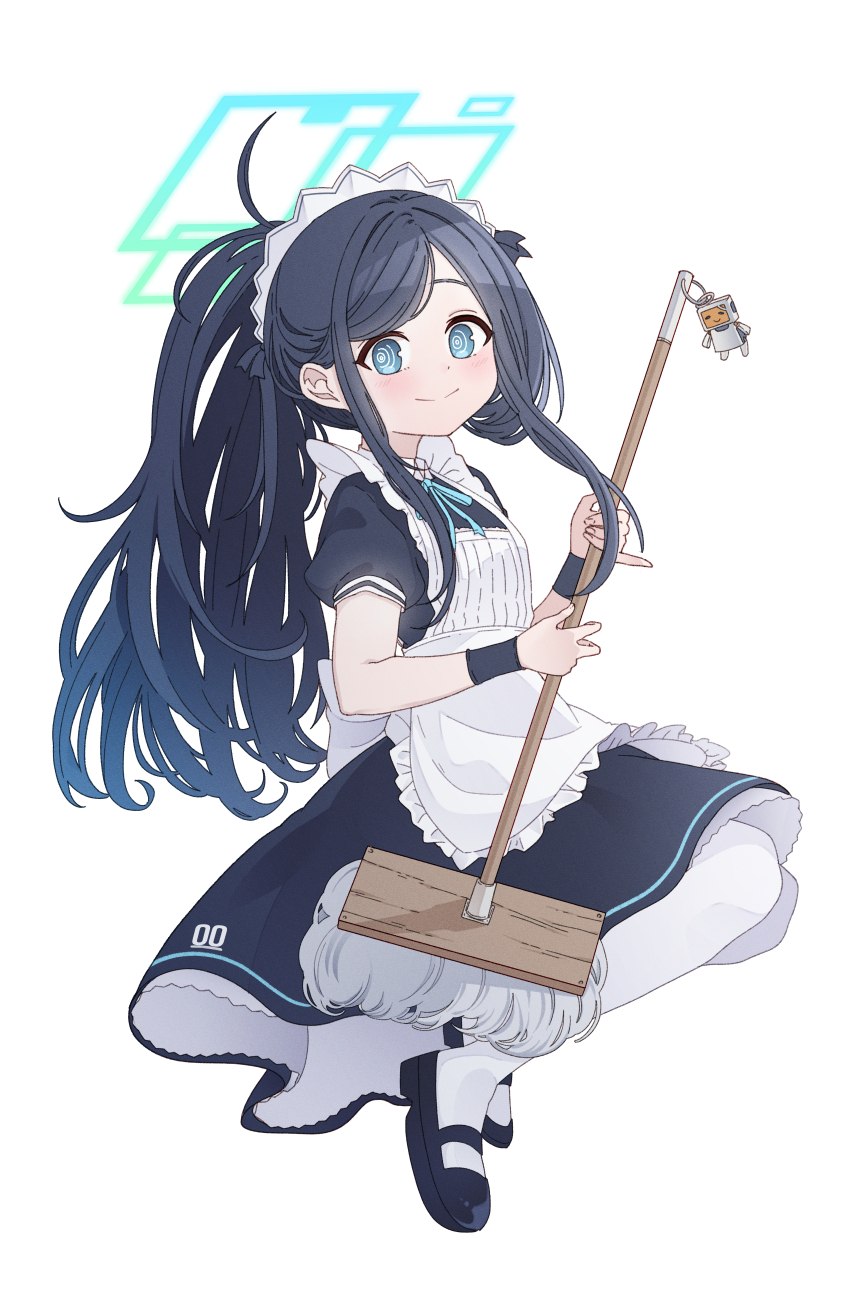 1girl absurdres anavi apron aqua_bow aqua_bowtie aqua_halo aris_(blue_archive) aris_(maid)_(blue_archive) black_dress black_hair black_shoes black_wrist_cuffs blue_archive blue_eyes blush bow bowtie closed_mouth collared_dress commentary contrast_collar dot_nose dress english_commentary frilled_apron frilled_dress frills full_body hair_behind_ear halo highres holding holding_mop kei_(robot)_(blue_archive) long_hair long_sidelocks looking_at_viewer looking_to_the_side maid maid_apron maid_headdress mary_janes messy_hair mixed-language_commentary mop official_alternate_costume official_alternate_hairstyle pantyhose parted_bangs pinky_out ponytail puffy_short_sleeves puffy_sleeves raised_eyebrows rectangular_halo ringed_eyes shoes short_sleeves sidelocks simple_background smile solo split_mouth squatting tareme tiptoes white_apron white_background white_bow white_headdress white_pantyhose wrist_cuffs