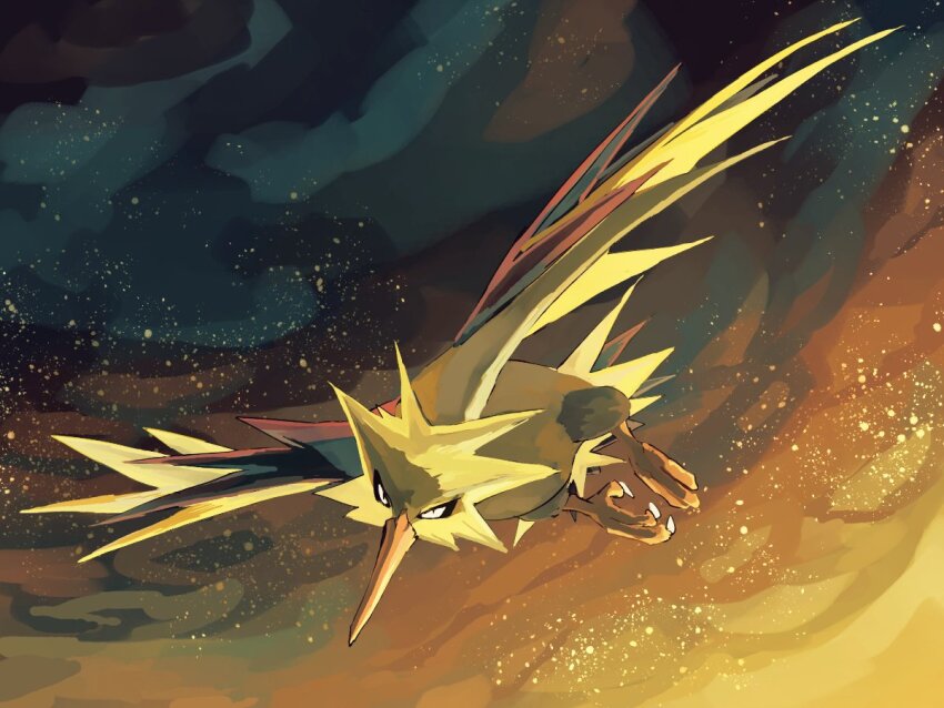 animal_focus beak bird commentary_request creatures_(company) flying fusenryo game_freak gen_1_pokemon legendary_pokemon looking_at_viewer night nintendo no_humans pokemon pokemon_(creature) talons zapdos