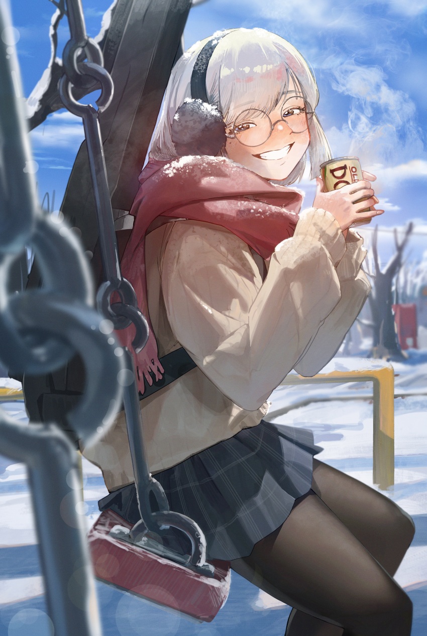 1girl absurdres backpack bag black_hair black_thighhighs blue_skirt blue_sky blurry blurry_background blush can earmuffs highres holding holding_can long_sleeves looking_at_viewer mole mole_under_eye on_swing original outdoors park playground round_eyewear scarf sitting skirt sky smile snow solo sweater swing thighhighs tree ushiwaka white_hair winter winter_uniform
