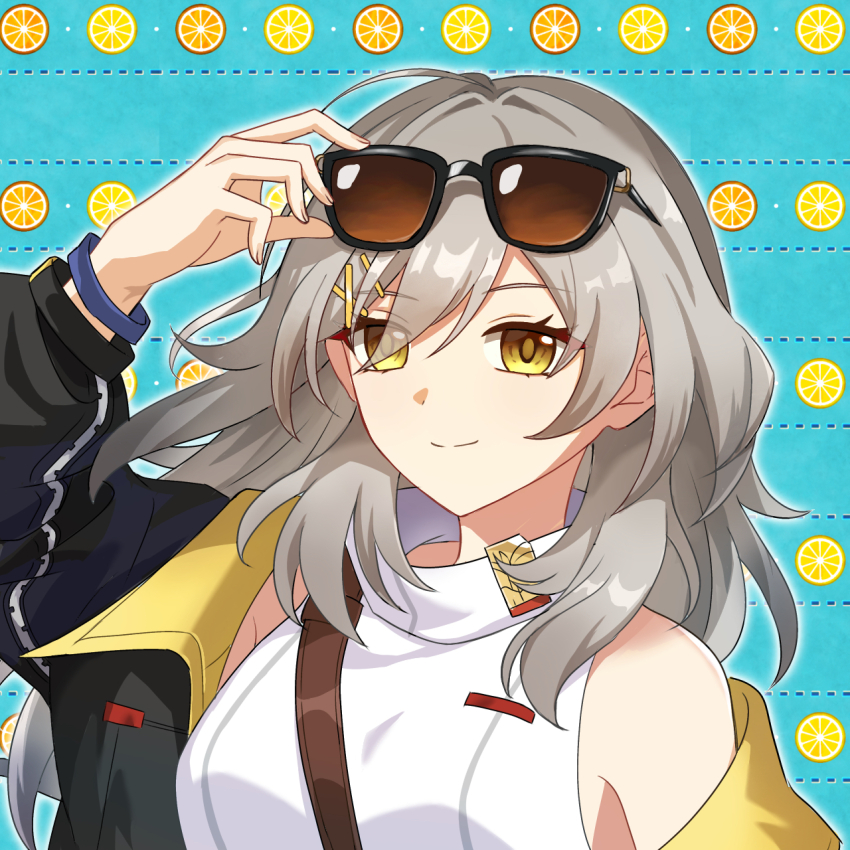 1girl adjusting_eyewear ama_rinngoo black_jacket blue_background closed_mouth commentary_request dress eyewear_on_head food fruit grey_hair hair_between_eyes hair_ornament hairclip hand_up highres honkai:_star_rail honkai_(series) jacket lemon lemon_slice looking_at_viewer official_alternate_costume orange_(fruit) orange_slice portrait single_off_shoulder sleeveless sleeveless_dress smile solo stelle_(honkai:_star_rail) stelle_(world_tour_2023)_(honkai:_star_rail) sunglasses trailblazer_(honkai:_star_rail) white_dress yellow_eyes