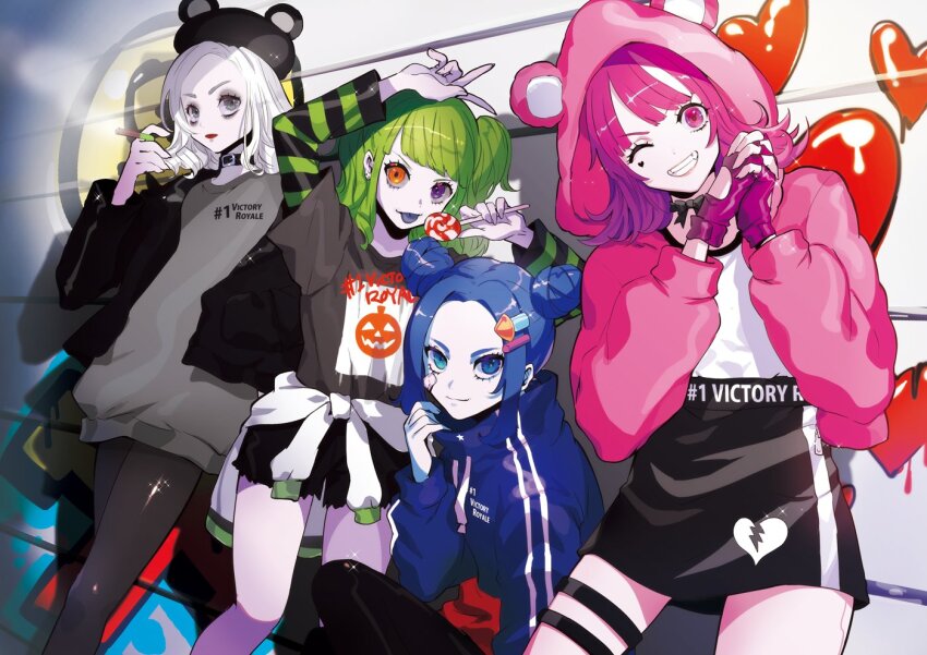 4girls blue_eyes blue_hair blue_sweater cuddle_team_leader fingerless_gloves fireworks_team_leader_(fortnite) fortnite gloves green_eyes green_hair hat heterochromia jewelry long_hair looking_at_viewer multiple_girls orange_eyes p.a.n.d.a_team_leader_(fortnite) pink_eyes pink_hair puppeteer7777 purple_eyes shirt skirt smile spooky_team_leader_(fortnite) sweater white_hair