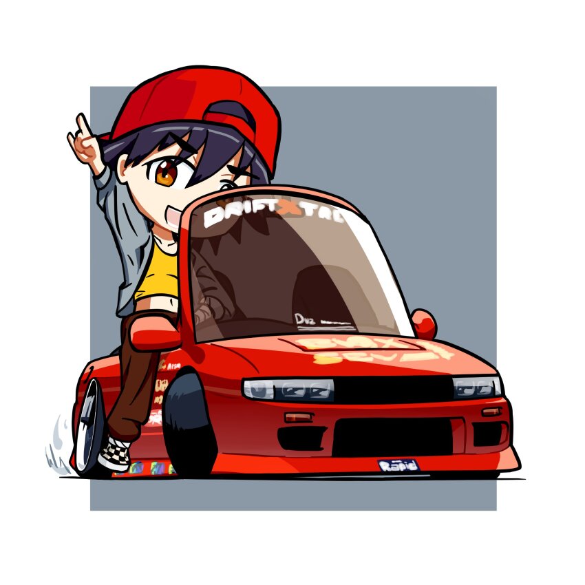 1girl \n/ absurdres backwards_hat baseball_cap border breasts brown_eyes brown_pants car checkered_footwear chibi commentary convertible d1_grand_prix drifting duz english_commentary english_text grey_background grey_sweater hat highres kanbaru_suruga midriff_peek monogatari_(series) motor_vehicle navel nissan nissan_silvia nissan_silvia_s13 outside_border pants red_headwear shoes short_hair small_breasts smile sneakers stance_(vehicle) sweater tank_top tomboy vehicle_focus white_border yellow_tank_top