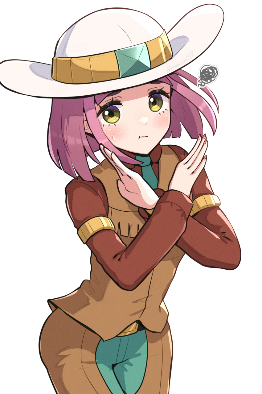 1girl :t belt brown_pants brown_shirt clay_(pokemon) clay_(pokemon)_(cosplay) closed_mouth commentary_request cosplay cowboy_shot eyelashes gonzarez hat highres lacey_(pokemon) light_blush nintendo pants pokemon pokemon_bw pokemon_sv pout purple_hair shirt short_hair simple_background solo squiggle white_background white_hat x_arms yellow_eyes