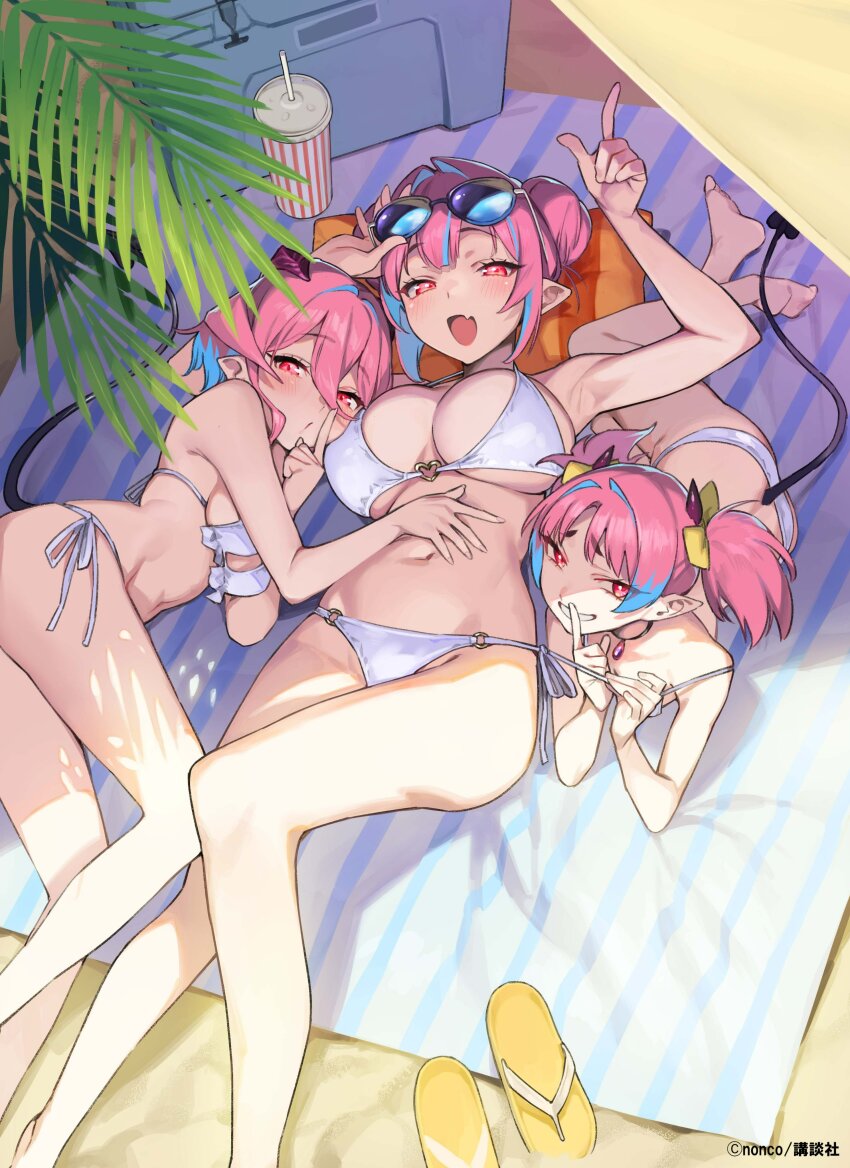 3girls absurdres adjusting_eyewear beach bikini blue_hair blush breasts cup demon_girl demon_tail disposable_cup double_bun eyewear_on_head fang hair_between_eyes hair_bun hair_intakes hand_on_another&#039;s_stomach heart heart_o-ring highres horns huge_breasts index_finger_raised kanan-sama_wa_akumade_choroi kanan_(kanan-sama) large_breasts looking_at_viewer lying medium_hair miel_(kanan-sama) miltie_(kanan-sama) multicolored_hair multiple_girls navel nonco o-ring o-ring_bikini official_art on_back on_side open_mouth pink_eyes pink_hair plant pointy_ears sandals side-tie_bikini_bottom skin_fang smile stomach streaked_hair sunglasses swimsuit tail thighs twintails two-tone_hair unworn_sandals white_bikini