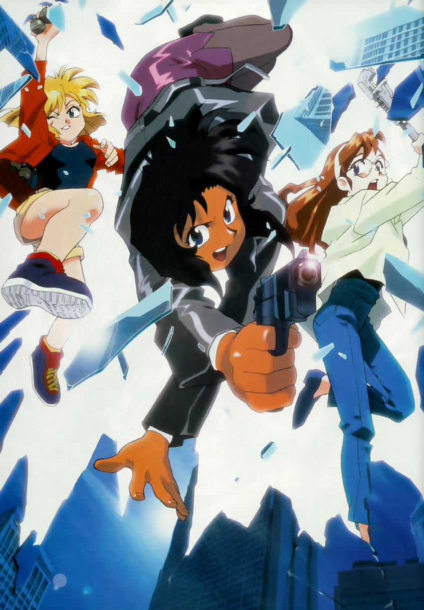 1990s_(style) 3girls arm_up becky_farrah black_hair blonde_hair blue_eyes brown_hair building cz_75 dark-skinned_female dark_skin denim explosive fingernails from_below frown glaring glass glasses green_eyes grenade gun gunsmith_cats hairband handgun highres holding jacket jumping long_hair looking_at_viewer minnie_may_hopkins multiple_girls one_eye_closed open_mouth pipe_wrench rally_vincent retro_artstyle shards shirt shoes short_hair shorts skirt skyscraper smile socks teeth thighhighs tongue upside-down wavy_hair weapon wink