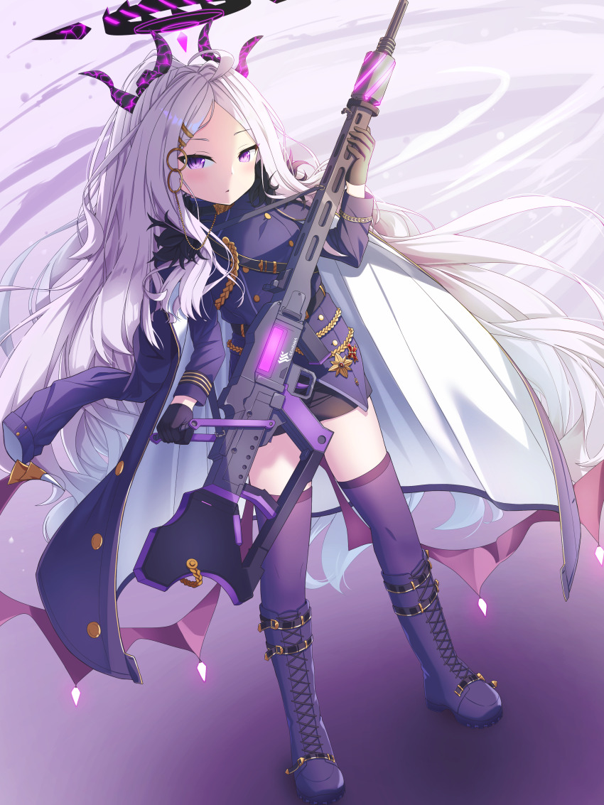 1girl absurdres ahoge belt black_gloves blue_archive boots commentary_request demon_girl demon_horns demon_wings forehead full_body gloves gun hair_ornament hairclip halo highres hina_(blue_archive) holding holding_gun holding_weapon horns knee_boots long_hair long_sleeves looking_at_viewer machine_gun mg42 military military_uniform parted_bangs parted_lips pencil_skirt ponytail purple_eyes purple_thighhighs shoulder_belt side_slit sidelocks skirt solo standing thighhighs weapon white_hair wings wjddn zettai_ryouiki
