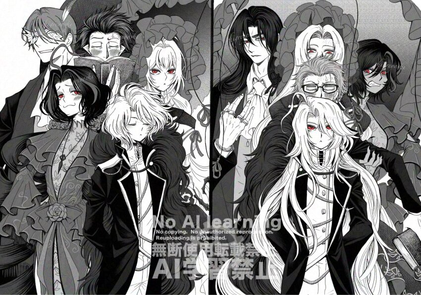 4boys 5girls :3 ahoge angry aristocratic_clothes arms_behind_back ascot black_coat black_hair blush bonnet breast_ribbon cape cassetti_(project_moon) cheekbones closed_eyes coat collared_shirt curiambro_(project_moon) don_quixote_(project_moon) dress drill_hair dulcinea_(project_moon) eyeshadow facing_viewer feather_boa frilled_bonnet frilled_headwear frilled_umbrella frills fur_cape glasses gregor_(project_moon) grey_eyeshadow hair_slicked_back height_difference highres holding holding_umbrella jacket jewelry la_manchaland_(identity)_(project_moon) lapels limbus_company long_hair long_sleeves looking_at_another looking_at_viewer makeup mask masquerade_mask meursault_(project_moon) multicolored_hair multiple_boys multiple_girls nicolina_(project_moon) notched_lapels one_eye_closed outis_(project_moon) parasol parted_bangs partially_colored peeking project_moon reading red_eyes ring rodion_(project_moon) sancho_(project_moon) sash shirt short_hair signature simple_background smile smug stole streaked_hair trait_connection twin_drills twintails umbrella vampire very_long_hair vtvsqazjjguhfrd watermark white_ascot white_background white_shirt