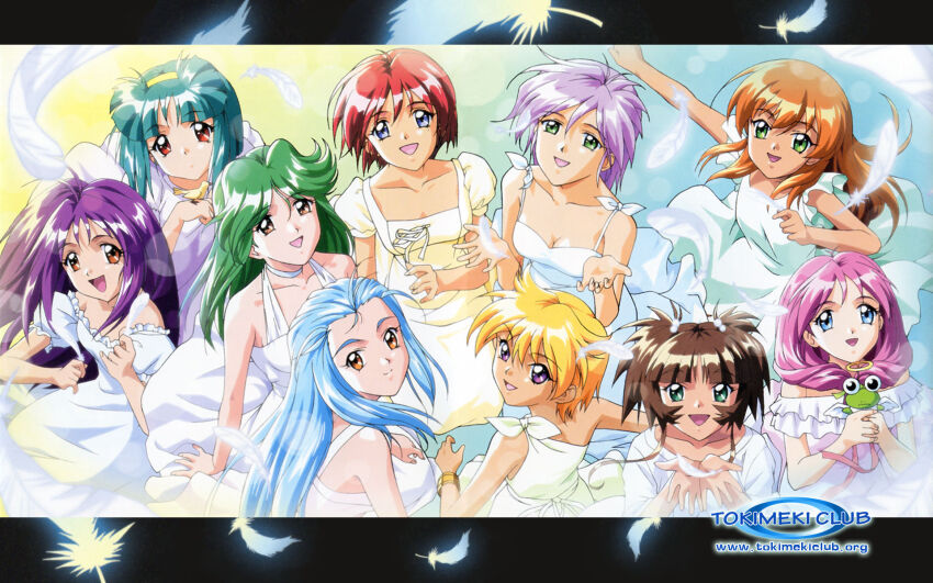 5girls akai_homura alternate_costume asou_kasumi bare_shoulders blonde_hair blue_eyes blue_hair brown_hair closed_mouth collarbone dress feathers feet_out_of_frame female_focus green_eyes green_hair hair_between_eyes headband highres hinomoto_hikari holding ijuuin_mei kotobuki_miyuki kudanshita_maeka long_hair looking_at_viewer minazuki_kotoko multiple_girls official_art open_mouth orange_hair purple_eyes purple_hair red_hair sakura_kaedeko shirayuki_miho short_hair short_sleeves sleeveless stuffed_toy tokimeki_memorial tokimeki_memorial_2 watermark web_address white_dress yae_kaori yellow_headband