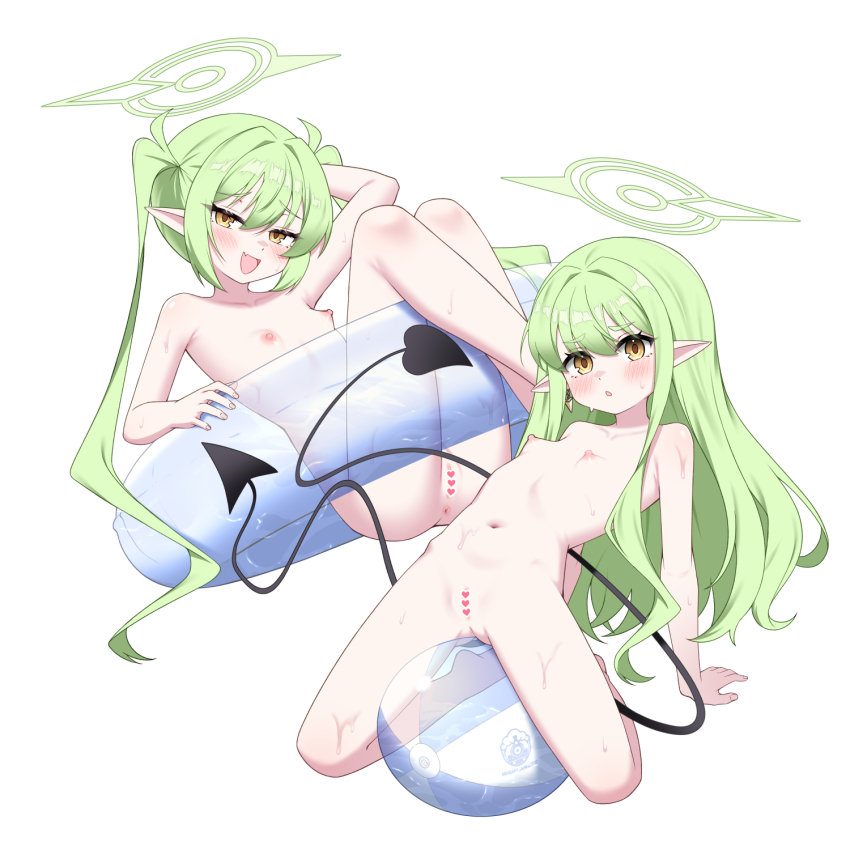 1girl 2girls angel ball barefoot blue_archive blush breasts censored collarbone completely_nude flat_chest full_body green_hair halo heart heart_censor highres hikari_(blue_archive) inflatable_armbands loli long_hair looking_at_viewer multiple_girls navel nipples nude open_mouth original otakummm pointy_ears pool_float pussy siblings simple_background sisters sitting small_breasts smile spread_legs tail twins very_long_hair white_background wings yellow_eyes