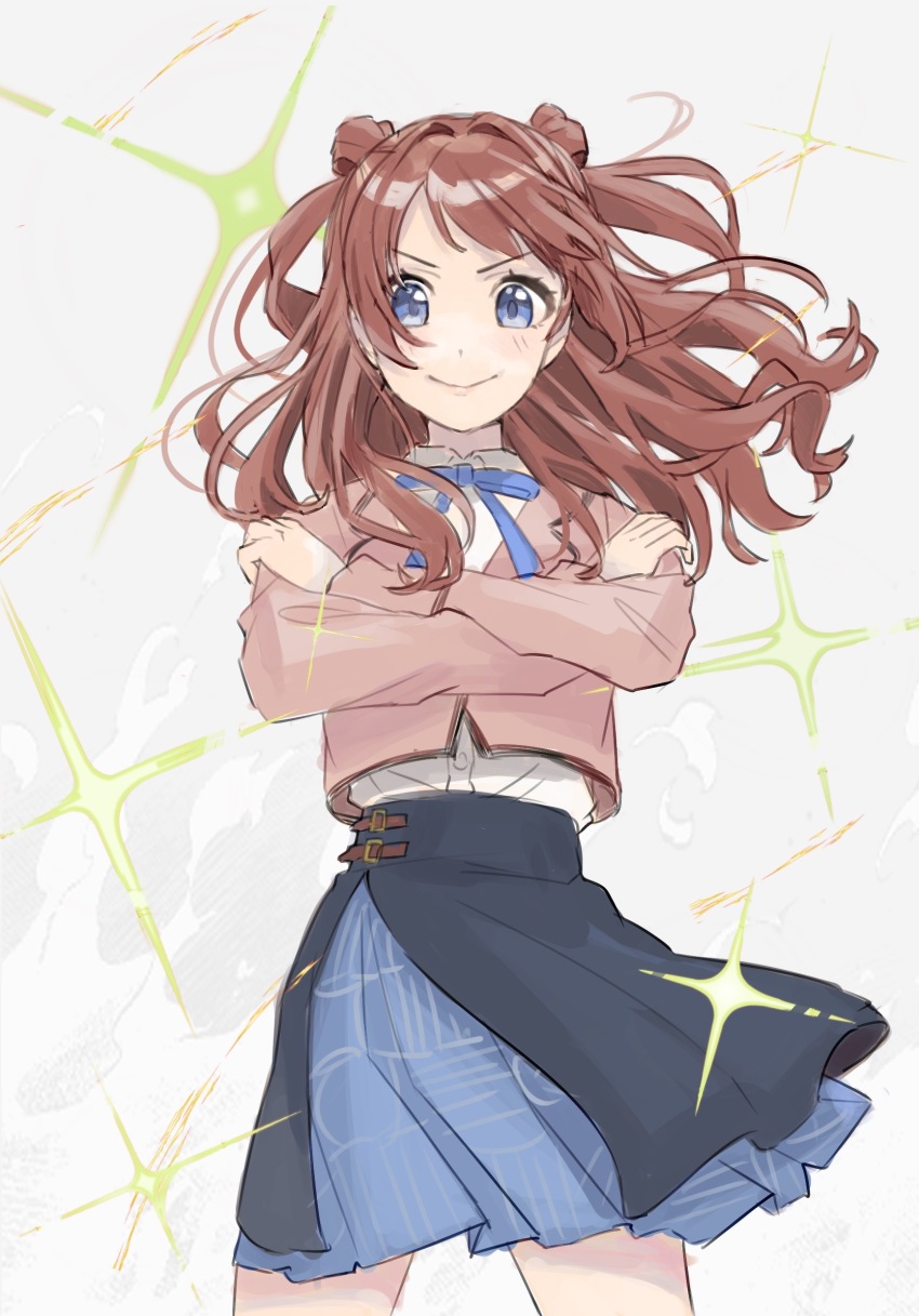 1girl :&gt; blazer blue_eyes blue_ribbon blue_skirt blush closed_mouth collared_shirt commentary_request cowboy_shot crossed_arms diffraction_spikes double_bun floating_hair gakuen_idolmaster grey_background gunbuster_pose hair_bun hanami_saki highres idolmaster jacket layered_skirt long_hair long_sleeves looking_at_viewer miniskirt neck_ribbon pink_jacket pleated_skirt red_hair ribbon school_uniform shirt shirt_tucked_in sidelocks skirt smile smug solo straight-on tanupon thick_eyelashes v-shaped_eyebrows white_shirt