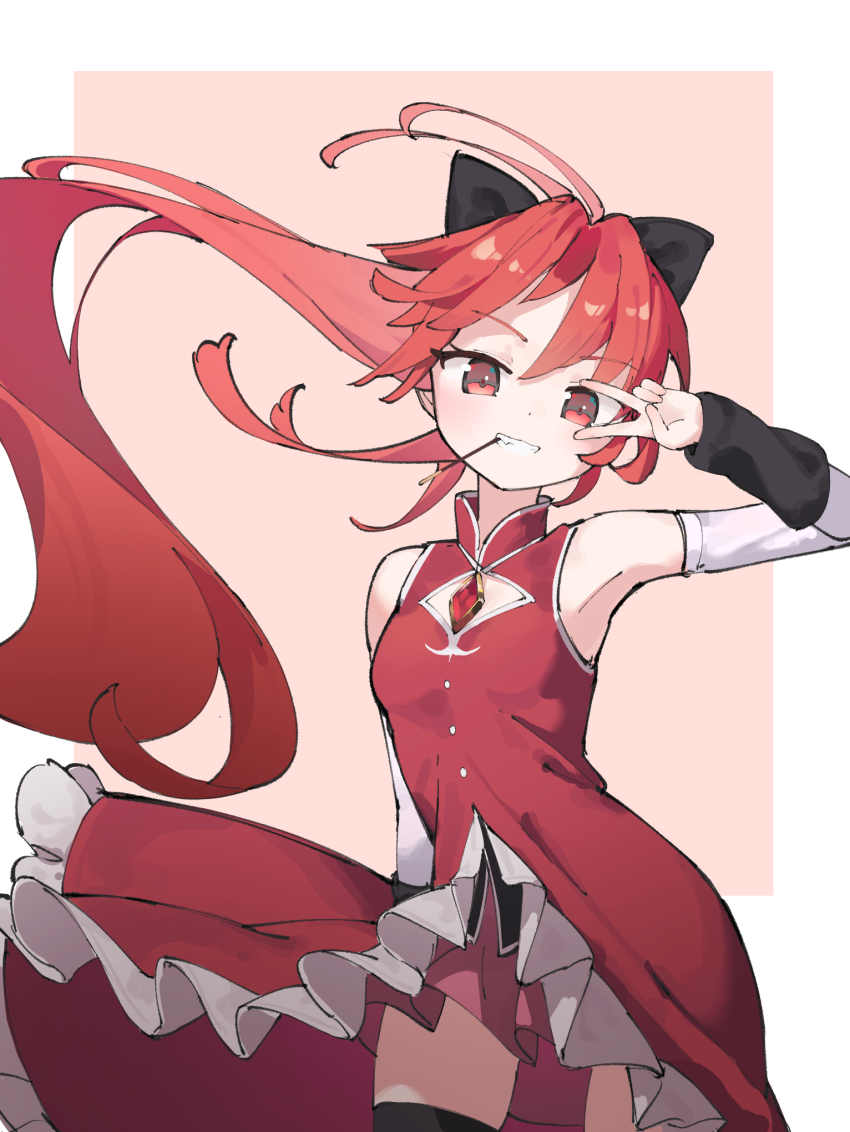 1girl afterimage bare_shoulders biluoyao border dress food food_in_mouth frilled_dress frills high-low_dress highres long_hair looking_at_viewer magical_girl mahou_shoujo_madoka_magica mahou_shoujo_madoka_magica_(anime) outside_border pink_background pink_skirt pocky pocky_in_mouth ponytail red_dress red_eyes red_hair sakura_kyoko sakura_kyoko_(magical_girl) skirt sleeveless sleeveless_dress smile solo soul_gem v white_border
