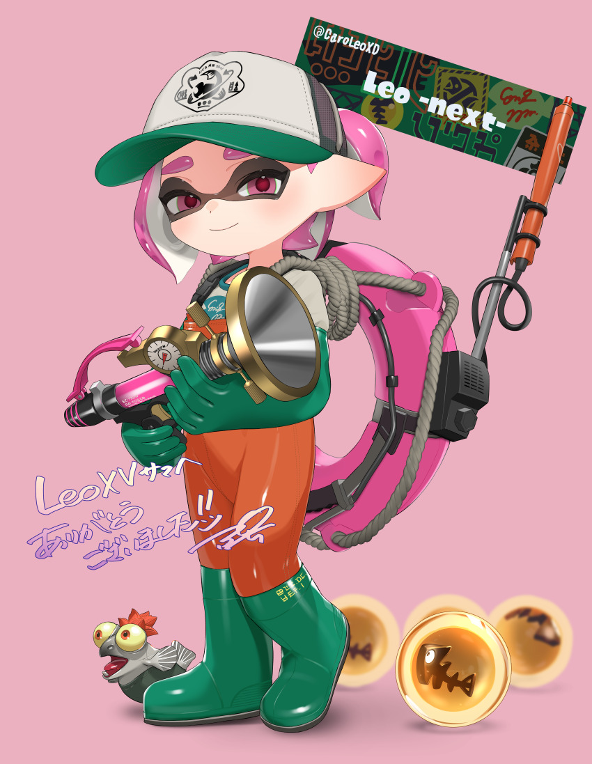 1girl absurdres baseball_cap boots closed_mouth commission full_body gloves golden_egg_(splatoon) green_boots green_gloves gun hat highres holding holding_gun holding_weapon inkling inkling_girl inkling_player_character jumpsuit lifebuoy looking_at_viewer nintendo orange_jumpsuit pink_background pink_eyes pink_hair pointy_ears print_headwear puchiman rubber_boots rubber_gloves salmon_run_(splatoon) salmonid second-party_source short_hair simple_background smallfry_(splatoon) smile solo splashtag_(splatoon) splatoon_(series) splatoon_3 sploosh-o-matic_(splatoon) standing swim_ring tentacle_hair thick_eyebrows weapon