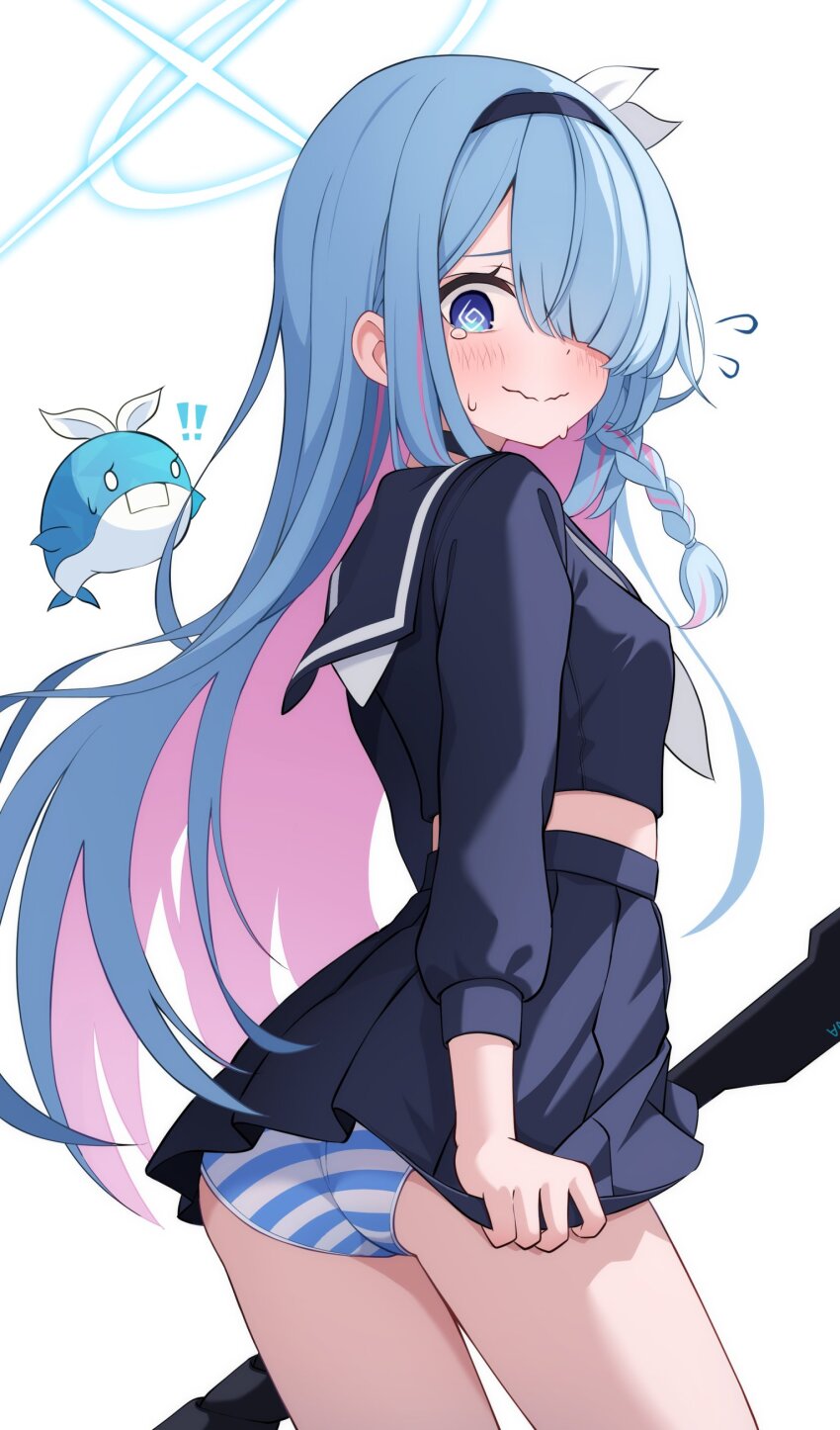 1girl @_@ absurdres black_hairband black_serafuku black_shirt black_skirt blue_archive blue_eyes blue_hair blue_halo blue_panties blush braid closed_mouth colored_inner_hair cosplay flying_sweatdrops general_student_council_president_(blue_archive) hair_over_one_eye hairband halo highres holding holding_umbrella long_hair multicolored_hair neckerchief panties pink_hair plana_(blue_archive) plana_(blue_archive)_(cosplay) school_uniform serafuku shijima_(shijima_tc) shirt simple_background single_braid skirt solo striped_clothes striped_panties sweatdrop tears umbrella undersized_clothes underwear wavy_mouth white_background white_neckerchief