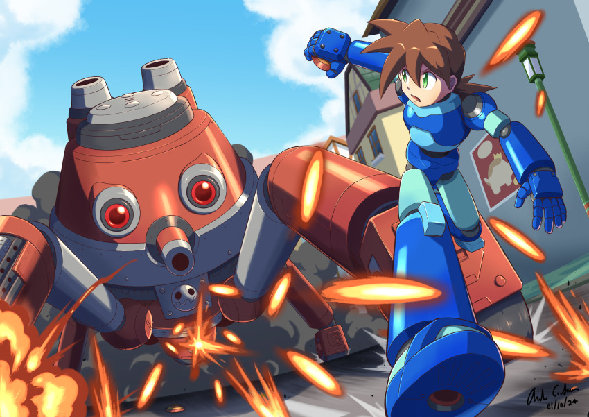 1boy absurdres android armor blue_armor brown_hair bullet cloud commentary dated double-parted_bangs english_commentary fire full_body green_eyes hair_between_eyes highres holding innovator123 lamppost leg_up long_hair looking_back male_focus mega_man_(series) mega_man_legends mega_man_legends_(series) mega_man_volnutt open_mouth outdoors outstretched_arms poster_(object) red_eyes road robot running shadow signature sky smoke solo spiked_hair street