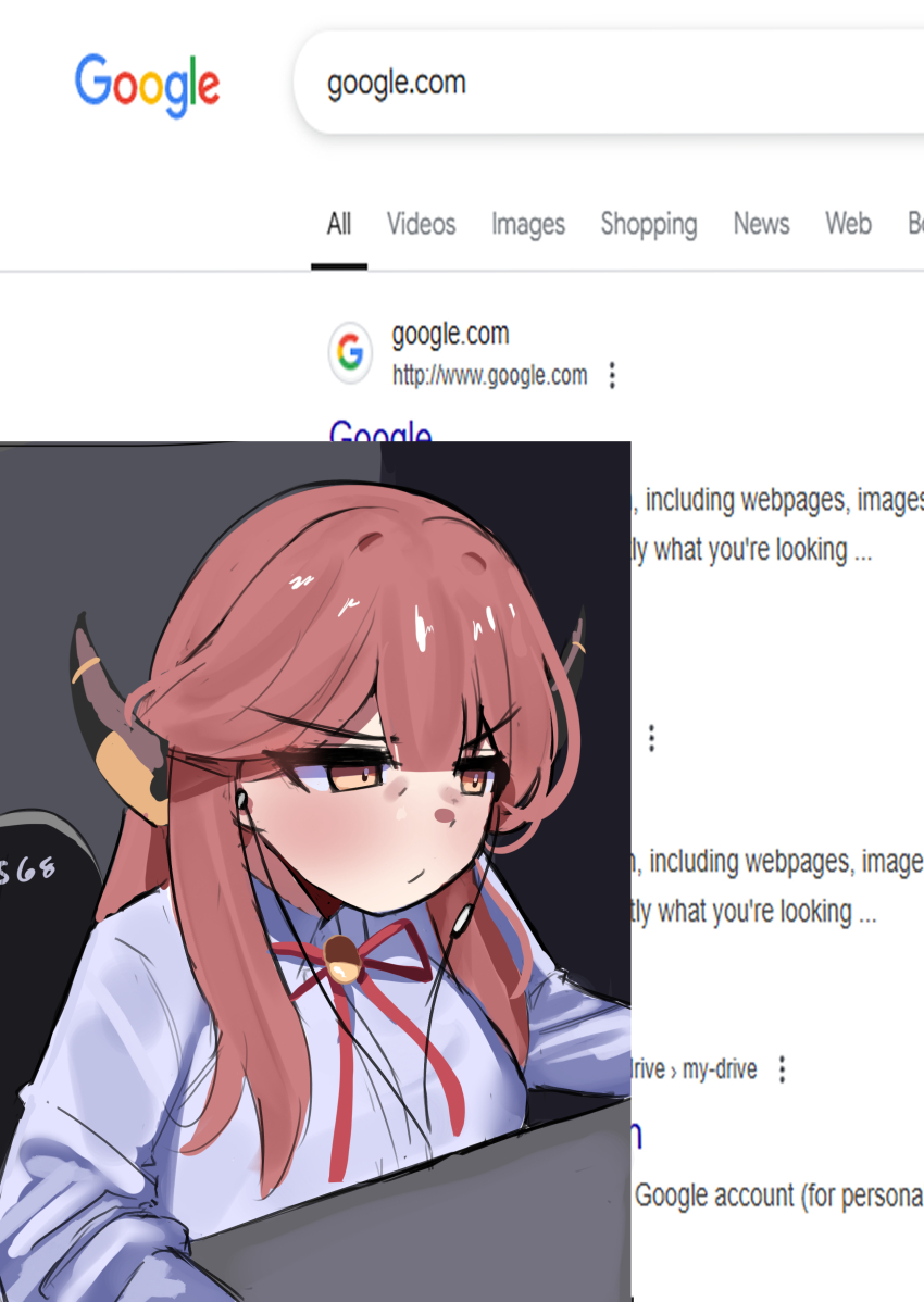 1girl :/ absurdres aru_(blue_archive) blue_archive blush closed_mouth collared_shirt commentary demon_girl demon_horns dress_shirt earphones english_commentary google highres horns iog626 long_hair neck_ribbon on_chair red_hair red_ribbon ribbon screenshot_inset shirt sidelocks sitting solo v-shaped_eyebrows white_shirt yellow_eyes