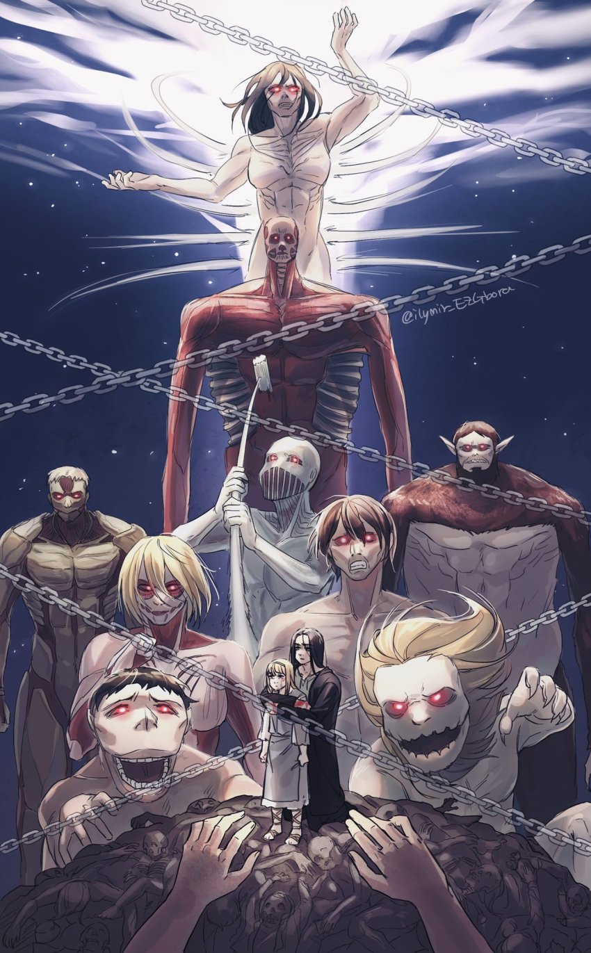 angry annie_leonhart armin_arlert armor armored_titan beast_titan black_coat black_hair black_jacket blonde_hair cart_titan chain coat colossal_titan corpse jaw_titan death eren_yeager female_titan founding_titan frieda_reiss giant hairband highres hood hooded_coat hooded_jacket hoodie ilymir_ezgbora jacket jaw_titan lara_tybur long_hair medium_hair monkey muscular pieck_finger pointy_ears porco_galliard red_eyes reiner_braun rogue_titan shingeki_no_kyojin short_hair size_difference spoilers titan_(shingeki_no_kyojin) war_hammer war_hammer_titan weapon ymir_fritz zeke_yeager