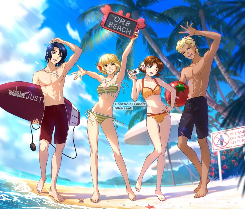 2boys 2girls amulet aqua_eyes artist_name athrun_zala ball beach beach_umbrella beachball bikini black_male_swimwear blonde_hair blue_hair brown_hair cagalli_yula_athha camera dearka_elsman flower green_eyes gundam gundam_seed gundam_seed_freedom hair_flower hair_ornament highres holding holding_camera jewelry looking_at_viewer lukaaa male_swimwear miriallia_haw multiple_boys multiple_girls necklace one_eye_closed orange_bikini palm_tree purple_eyes red_male_swimwear ring side-tie_bikini_bottom smile striped_bikini striped_clothes surfboard swim_trunks swimsuit tree twitter_username umbrella yellow_eyes