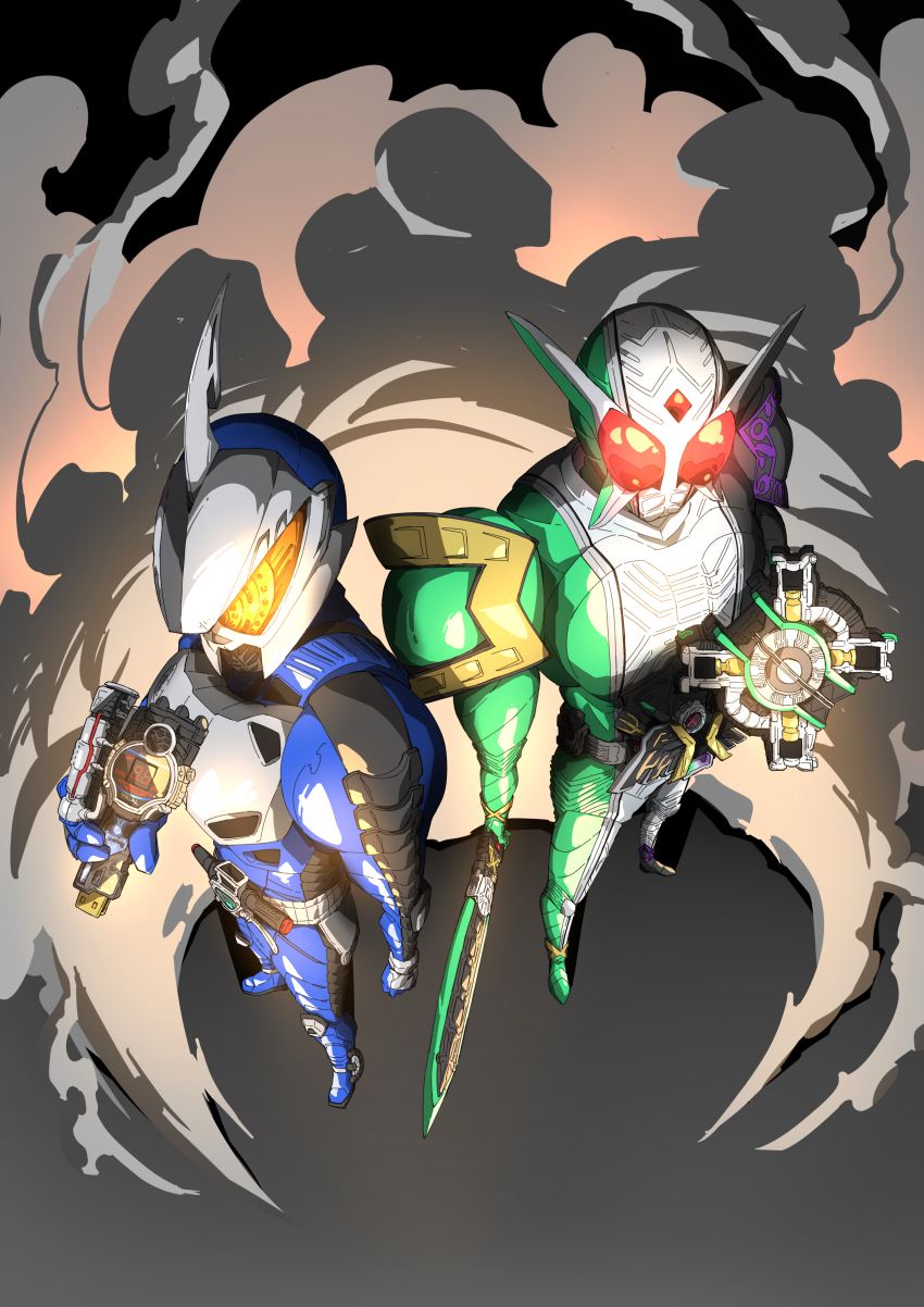 2boys absurdres accel_trial rider_belt dust_cloud from_above gaia_memory highres holding holding_shield holding_sword holding_weapon kamen_rider kamen_rider_accel kamen_rider_double kamen_rider_double_(cyclonejokerxtreme) kamen_rider_w multiple_boys naitsupic shield sword weapon