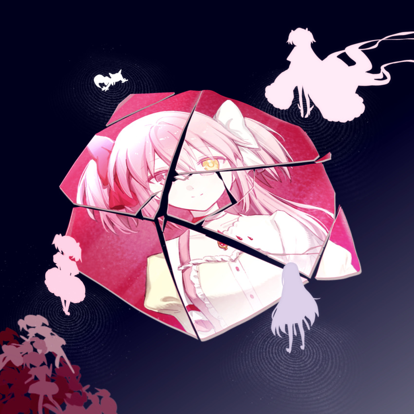4girls akemi_homura blue_background bow crack dual_persona hair_bow heterochromia highres kaname_madoka kaname_madoka_(magical_girl) kyubey mahou_shoujo_madoka_magica mahou_shoujo_madoka_magica_(anime) multiple_girls pink_eyes pink_hair risheng_yueyin shards silhouette smile ultimate_madoka yellow_eyes