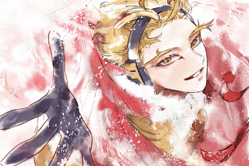 1boy akiyama_youkou black_gloves blonde_hair boku_no_hero_academia eyelashes facial_hair feathers gloves goatee_stubble hawks_(boku_no_hero_academia) headphones highres looking_at_viewer male_focus parted_lips reaching reaching_towards_viewer red_feathers short_hair solo stubble yellow_eyes