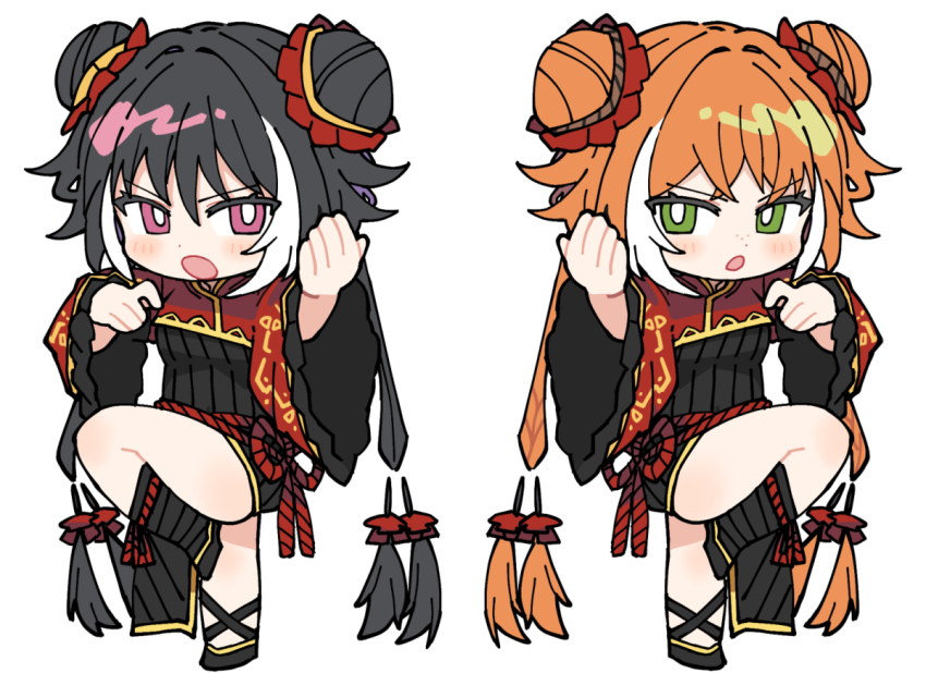 black_dress black_hair dress green_eyes ishmael_(project_moon) jia_xichun_(project_moon) kung_fu limbus_company long_hair multicolored_hair orange_hair pinch_(nesume) pink_eyes project_moon red_dress simple_background thighs two-tone_dress two-tone_hair white_background white_hair