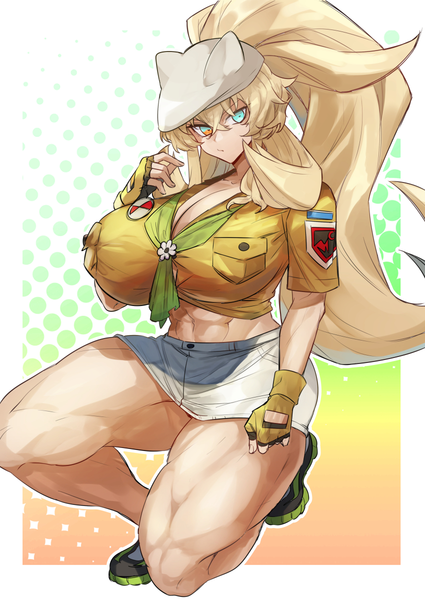 1girl absurdres ascot barghest_(fate) barghest_(swimsuit_archer)_(fate) barghest_(swimsuit_archer)_(first_ascension)_(fate) blue_eyes breasts brown_shirt cleavage fate/grand_order fate_(series) fingerless_gloves full_body gloves green_ascot green_shoes hand_up heterochromia highres huge_breasts kneeling long_hair looking_at_viewer melon22 multicolored_background muscular muscular_female on_one_knee ponytail rakka_1 shirt shoes skirt sneakers solo white_hair white_skirt yellow_eyes yellow_gloves