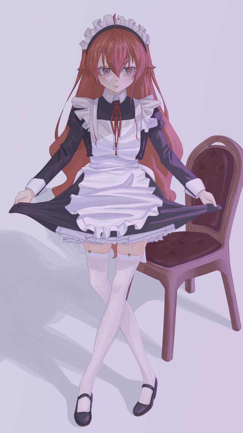 1girl absurdres ahoge apron black_dress black_footwear blush breasts chair closed_mouth crossed_legs curtsey dress eris_greyrat eyebrows_hidden_by_hair full_body garter_belt hair_between_eyes highres long_hair looking_at_viewer maid maid_apron maid_headdress mushoku_tensei red_eyes red_hair shadow simple_background small_breasts solo thighhighs user_dptp7327 very_long_hair white_apron white_background white_headdress white_thighhighs