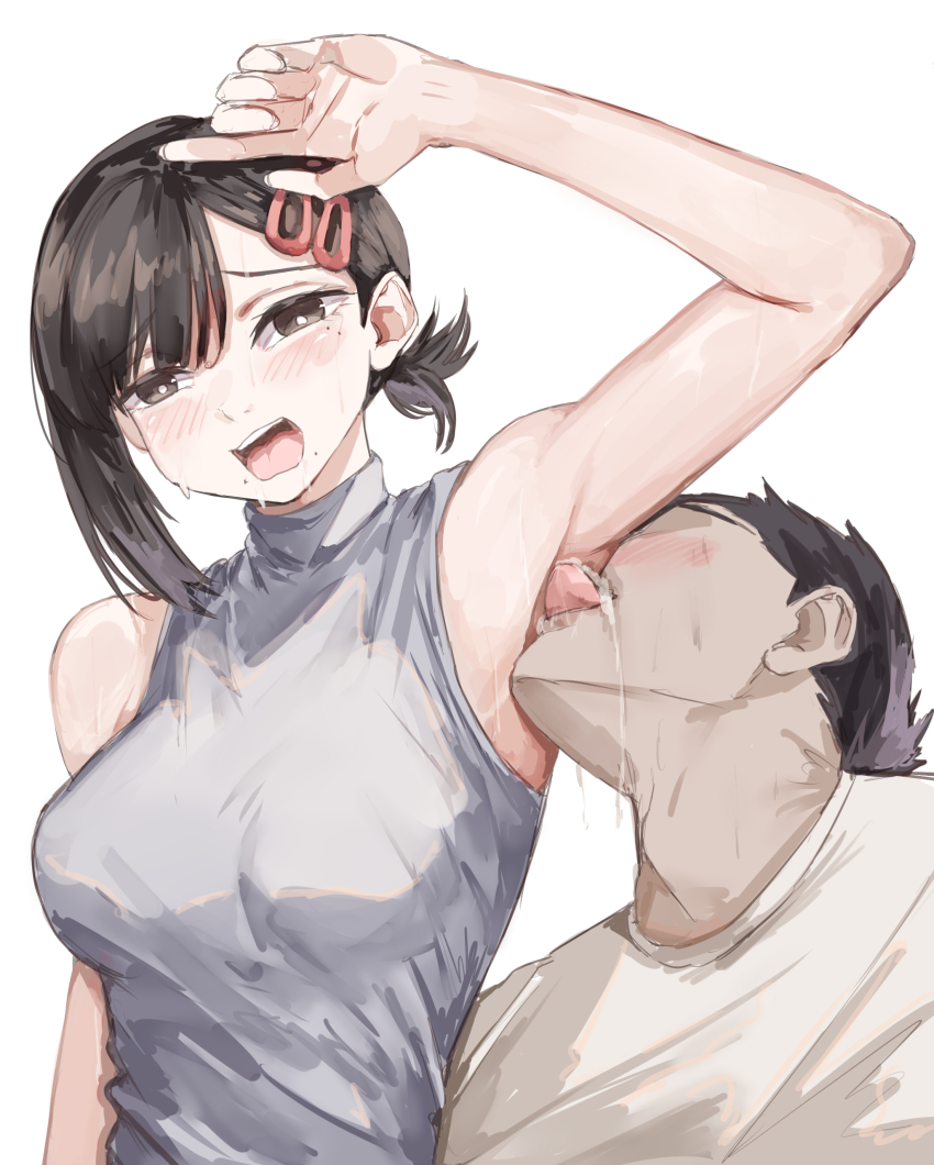 1boy 1girl absurdres arm_up armpits bare_arms bare_shoulders black_eyes black_hair breasts bright_pupils chainsaw_man commentary grey_shirt hair_ornament hairclip higashiyama_kobeni highres large_breasts licking licking_armpit looking_at_viewer nui_gurumi open_mouth shirt short_hair simple_background sleeveless sleeveless_shirt upper_body white_background white_pupils