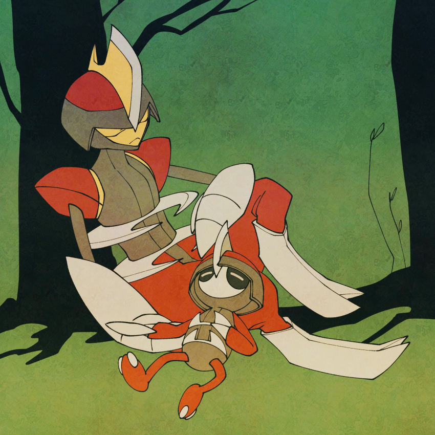 2others arm_blade arm_on_knee bisharp black_helmet black_trim branch closed_eyes elbow_on_knee evolutionary_line gen_5_pokemon green_background hand_on_own_chest helmet high_contrast highres holding_hands knee_up leaning_back leaning_on_person multiple_others nintendo outdoors pawniard plant_roots pokemon pokemon_(creature) red_helmet red_trim resting shoulder_pads sleeping tree umi-be-to weapon