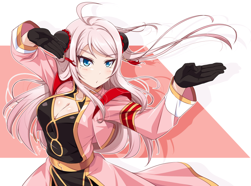 1girl ahoge black_gloves blue_eyes blush breasts bun_cover bunji cleavage collarbone commentary company_connection double_bun eutopia_(love_live!) fighting_stance g_gundam gloves gundam hair_bun highres large_breasts long_hair long_sleeves love_live! love_live!_nijigasaki_high_school_idol_club martial_arts master_asia mole mole_under_eye parody pink_hair sidelocks solo sunrise_(company) upper_body zhong_lanzhu