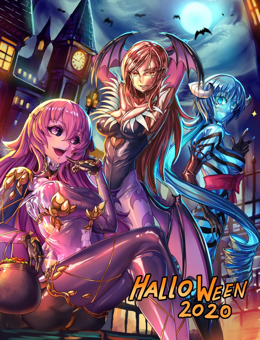 2020 3girls :d absurdres arms_up bat_(animal) black_sclera blue_eyes blue_hair blue_skin candy catherine_(atlus_character) catherine_(atlus_character)_(cosplay) catherine_(game) clock clock_tower colored_sclera colored_skin commentary cosplay crossed_legs demon_girl english_commentary fate/grand_order fate_(series) food full_moon genderswap genderswap_(mtf) glowing_mouth halloween highres horns ibenz009 kama_(fate) kama_(fate)_(cosplay) long_hair looking_at_viewer metal_skin moon morrigan_aensland morrigan_aensland_(cosplay) multiple_girls open_mouth original pantyhose pink_eyes pink_hair pink_skin pot shiny_skin sitting smile teeth tower upper_teeth_only darkstalkers very_long_hair
