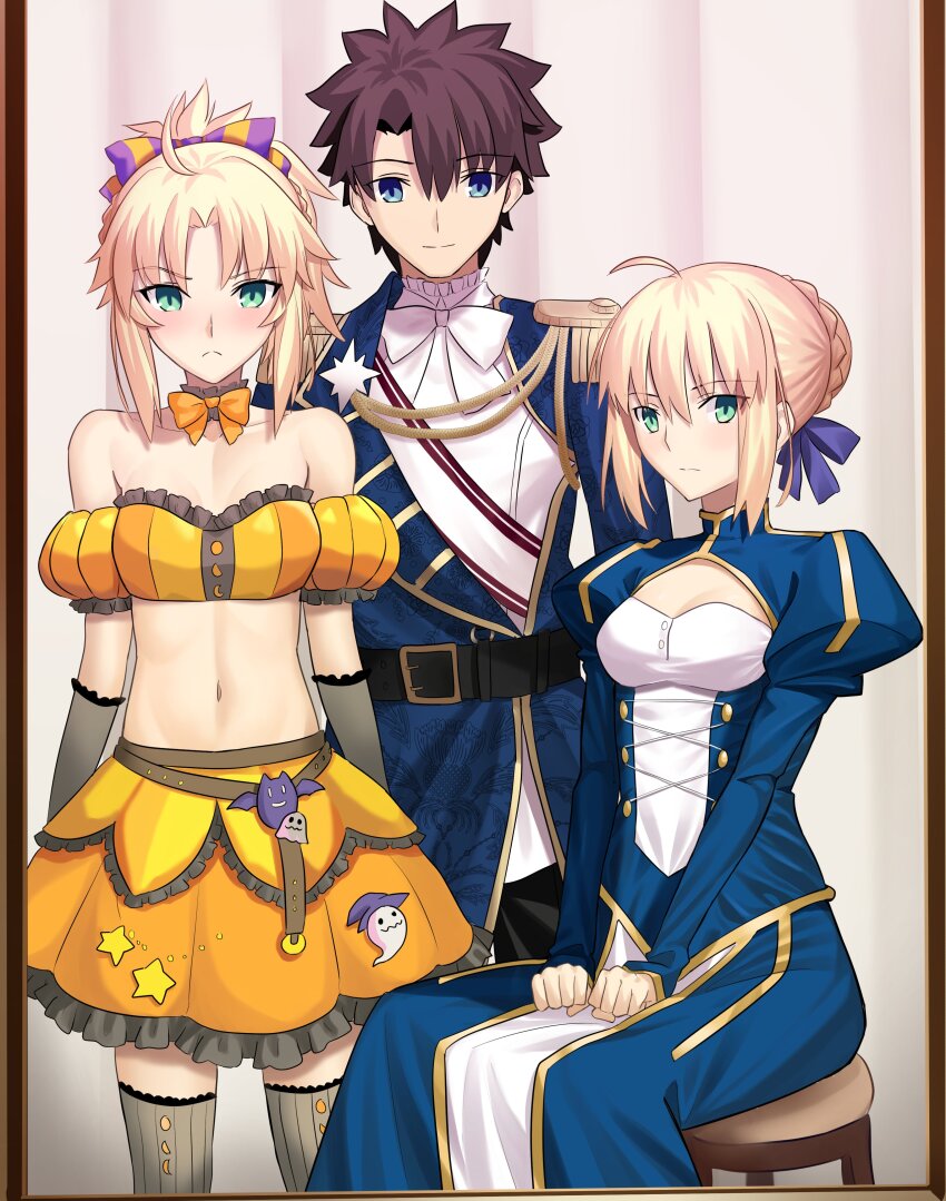 1boy 2girls absurdres ahoge artoria_pendragon_(fate) bare_shoulders black_hair blonde_hair blue_dress blue_eyes blue_ribbon blush braid breasts closed_mouth collarbone commentary commission dress english_commentary epaulettes fate/grand_order fate_(series) fujimaru_ritsuka_(male) fujimaru_ritsuka_(male)_(halloween_royalty) green_eyes hair_ribbon highres juliet_sleeves long_sleeves longdq3008 looking_at_viewer midriff mordred_(fate) mordred_(pumpkin_princess)_(fate) multiple_girls navel official_alternate_costume orange_skirt parted_bangs puffy_sleeves ribbon saber_(fate) short_hair sitting skirt small_breasts smile stomach