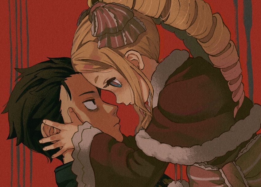 1boy 1girl beatrice_(re:zero) black_eyes black_hair blonde_hair blue_eyes butterfly-shaped_pupils capelet child drill_hair duplicate eye_contact face-to-face forehead-to-forehead fur-trimmed_capelet fur_trim hair_ornament hands_on_another&#039;s_face heads_together highres iwamushi jacket long_sleeves looking_at_another multicolored_eyes natsuki_subaru re:zero_kara_hajimeru_isekai_seikatsu red_capelet short_hair sidelocks symbol-shaped_pupils twin_drills twintails