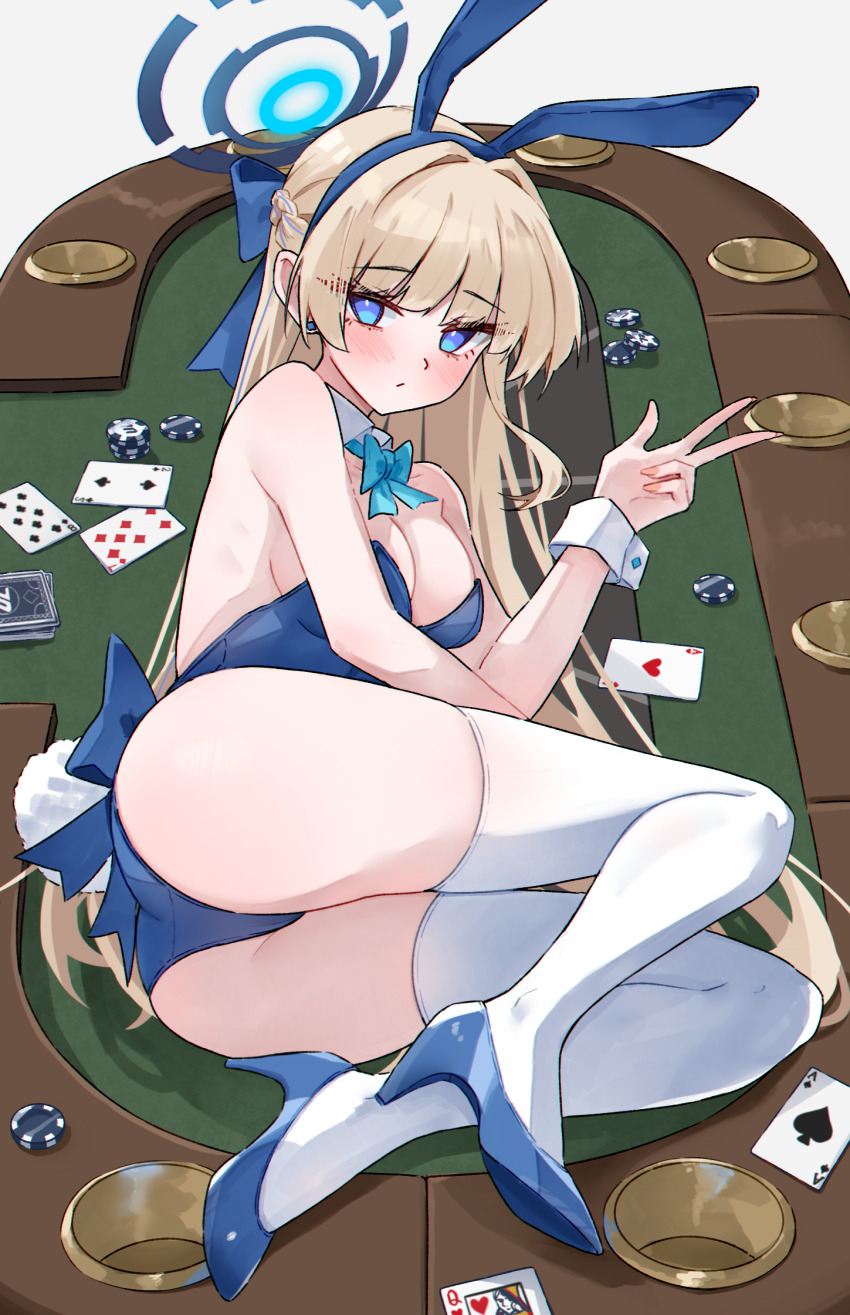 1girl animal_ear_hairband animal_ears ass bare_arms bare_shoulders blonde_hair blue_archive blue_bow blue_bowtie blue_eyes blue_hairband blue_leotard blue_shoes blush bow bowtie breasts card cleavage detached_collar fake_animal_ears fake_tail hair_bow hairband highres leotard long_hair looking_at_viewer lying magui3 official_alternate_costume official_alternate_hairstyle on_side on_table playboy_bunny playing_card poker_chip poker_table rabbit_ear_hairband rabbit_ears rabbit_tail shoes sidelocks solo strapless strapless_leotard table tail toki_(blue_archive) toki_(bunny)_(blue_archive) w wrist_cuffs