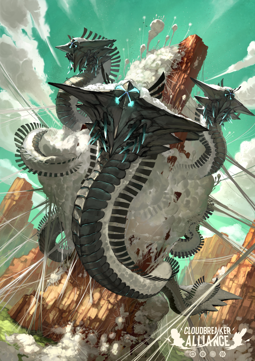 absurdres bug cloud cloudbreaker_alliance copyright_name dutch_angle faceless giant giant_monster green_sky highres monster monster_focus mountain official_art sky tagme webbing yumo80295386