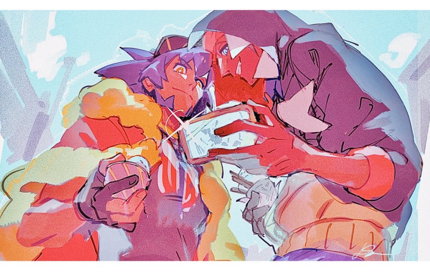 2boys black_hoodie blue_eyes cape closed_mouth commentary domu_(hamadura) facial_hair fingernails from_below fur-trimmed_cape fur_trim gloves highres holding hood hood_up hoodie leon_(pokemon) male_focus multiple_boys nintendo partially_fingerless_gloves pokemon pokemon_swsh purple_hair raihan_(pokemon) red_cape shirt smile teeth three-quarter_sleeves