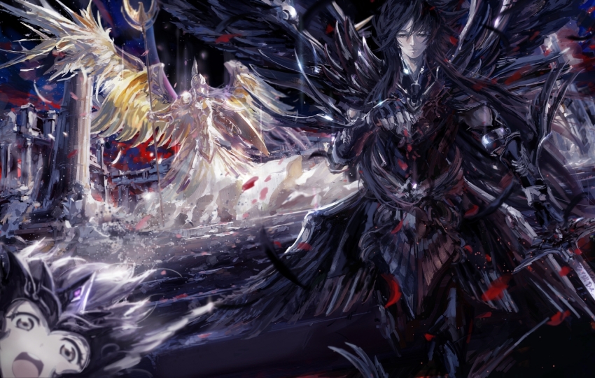 1girl 2boys armor athena black_hair chibi epic full_armor hades_(mythology) hades_(saint_seiya) helmet kido_saori kotori_photobomb long_hair looking_at_viewer love_live! love_live!_school_idol_project meme multiple_boys multiple_wings parody saint_seiya short_hair silver_hair smile stu_dts sword thanatos_(saint_seiya) walking weapon wings