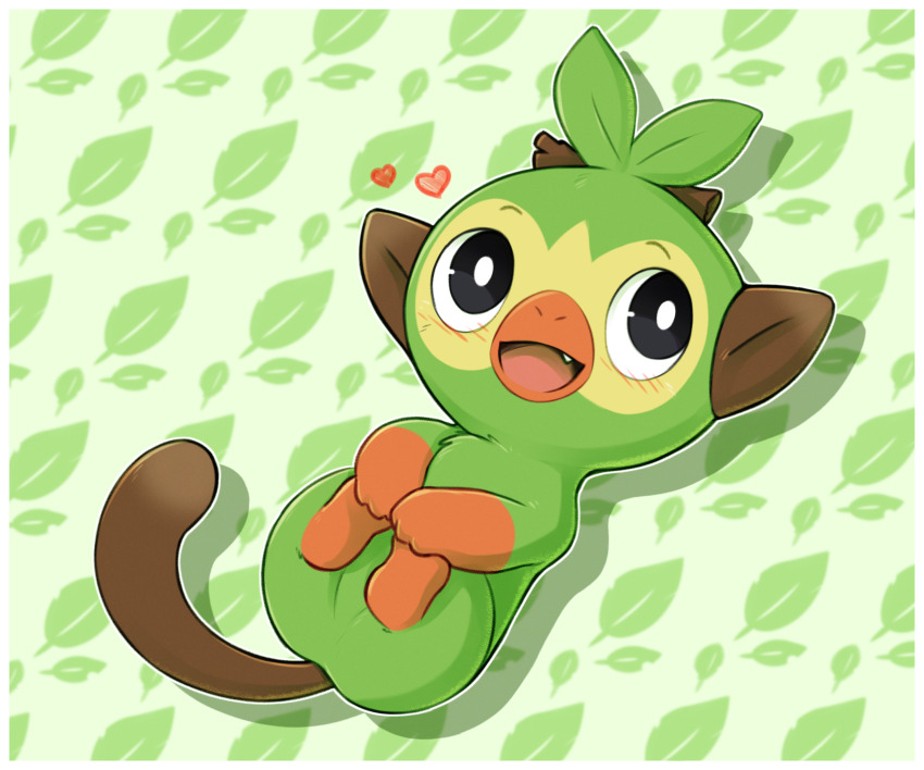 :d absurdres black_eyes blush colored_skin creatures_(company) fang game_freak gen_8_pokemon green_background green_skin grookey happy heart highres looking_at_viewer lying nintendo no_humans on_back open_mouth pokemon pokemon_(creature) pudgeruffian smile tail