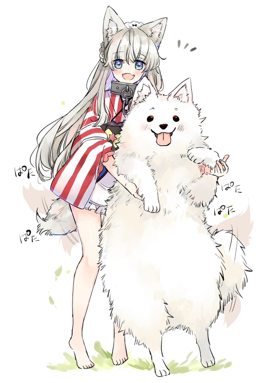 1girl :d afterimage animal animal_ear_fluff animal_ears apron barefoot blush braid chain collar commentary_request dog dog_ears dog_girl dog_tail fang frilled_apron frills grey_eyes grey_hair highres japanese_clothes kimono korean_text metal_collar mito_(go!go!king!) obi open_mouth original sash smile solo striped_clothes striped_kimono tail tail_wagging vertical-striped_clothes vertical-striped_kimono white_apron white_background