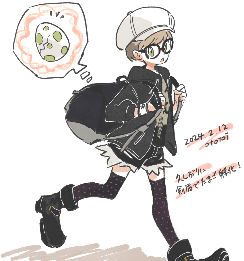 1girl alternate_costume alternate_eye_color alternate_hair_color alternate_hair_length alternate_hairstyle black-framed_eyewear black_bag black_boots black_gloves black_jacket black_shorts black_thighhighs blonde_hair boots crack dated dynamax_band egg fingerless_gloves glasses gloria_(pokemon) gloves green_eyes hat hatching highres jacket nintendo open_clothes open_jacket open_mouth ototoi_(eevees813) pokemon pokemon_egg pokemon_swsh polka_dot_thighhighs short_hair shorts simple_background single_fingerless_glove solo thighhighs translation_request very_short_hair white_background white_hat