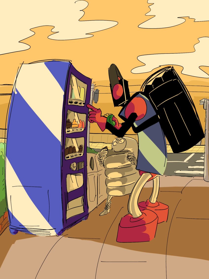 2boys android artist_request drink highres kinnikuman multiple_boys no_humans outdoors slot_machine spring_(object) springman_(kinnikuman) stecase_king upper_body