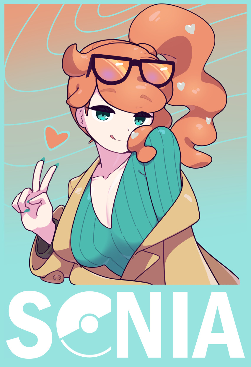 1girl absurdres aqua_eyes aqua_nails aqua_shirt black-framed_eyewear breasts brown_coat character_name cleavage coat collarbone eyewear_on_head hair_ornament heart heart_hair_ornament highres medium_breasts nintendo orange-tinted_eyewear orange_hair pokemon pokemon_swsh ribbed_shirt shirt side_ponytail smile solo sonia_(pokemon) sunglasses swept_bangs synapseproperty tinted_eyewear tongue tongue_out upper_body v v-neck wavy_hair