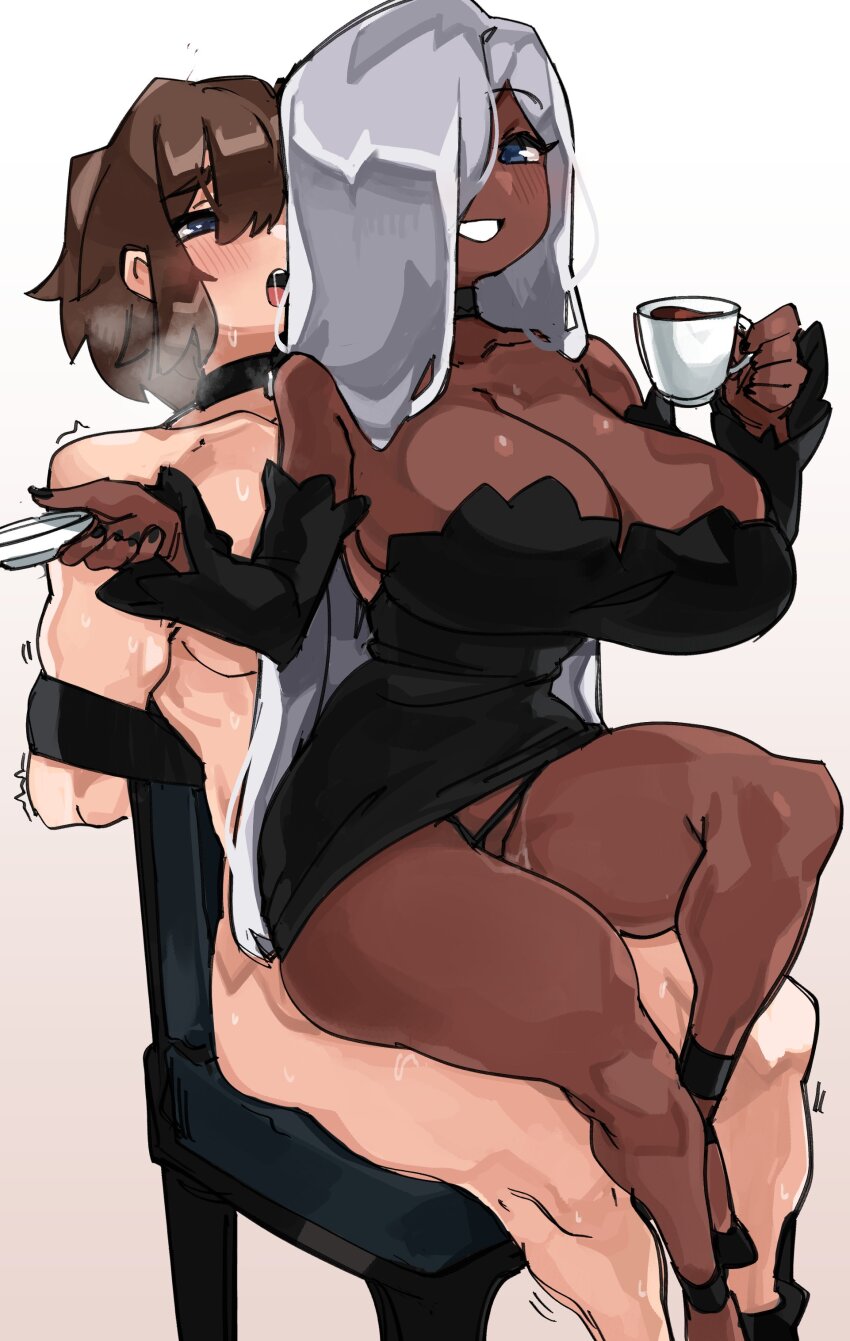 1boy 1girl absurdres ahegao bare_shoulders bdsm blue_eyes blush bondage bound breasts brown_hair chair clothed_female_nude_male cup dark-skinned_female dark_skin femdom grey_hair high_heels highres huge_breasts lady_magnolia_(trickstaboy) long_hair looking_back nails nude one_eye_covered open_mouth pussy_juice roy_(trickstaboy) saliva sex sitting sitting_on_person smile sweat teeth tied_to_chair zanamaoria