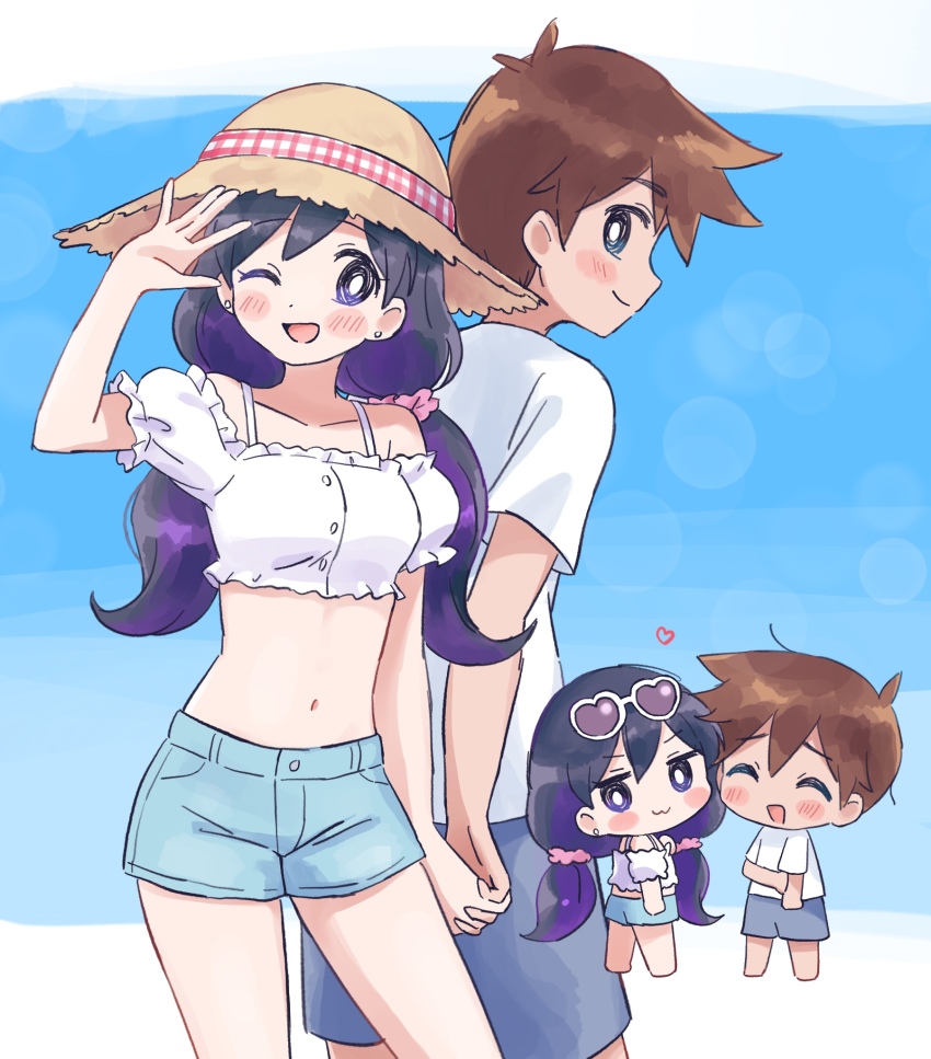 1boy 1girl :3 :d ;d \||/ ^_^ alternate_costume alternate_hairstyle antenna_hair bare_shoulders black_eyes black_hair blue_shorts blue_sky blush breasts bright_pupils brown_hair brown_hat chibi chibi_inset closed_eyes closed_mouth collarbone colored_inner_hair cowboy_shot crop_top cropped_shirt day denim denim_shorts double-parted_bangs earrings hair_behind_ear hair_between_eyes hair_ornament hair_scrunchie halterneck hat heart heart-shaped_eyewear hero_(faraway)_(omori) hero_(omori) highres jewelry letterboxed long_hair looking_at_viewer looking_back low_twintails male_focus mari_(faraway)_(omori) mari_(omori) midriff mihimihi31 multicolored_hair navel no_sclera omori one_eye_closed open_mouth outdoors outside_border pink_scrunchie profile puffy_short_sleeves puffy_sleeves purple-tinted_eyewear purple_hair scrunchie shirt short_hair short_sleeves shorts sideways_glance sky small_breasts smile standing stud_earrings sun_hat sunglasses t-shirt tinted_eyewear tongue twintails two-tone_hair very_short_hair waving white-framed_eyewear white_pupils white_shirt