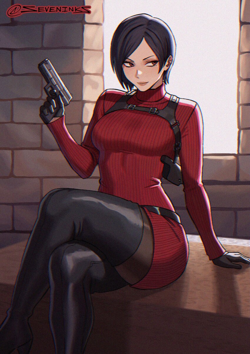 1girl absurdres ada_wong arm_support black_boots black_gloves black_hair boots breasts brick_wall brown_eyes brown_pantyhose chest_harness closed_mouth commentary crossed_legs dress feet_out_of_frame gloves gun handgun harness highres holding holding_gun holding_weapon holster long_sleeves medium_breasts pantyhose pink_lips red_sweater resident_evil resident_evil_4 resident_evil_4_(remake) ribbed_sweater seveninks short_hair sideways_glance sitting solo sweater sweater_dress thigh_boots tight_clothes tight_dress turtleneck turtleneck_sweater twitter_username weapon