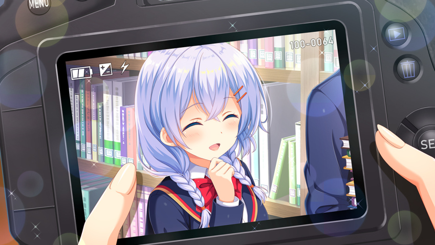 1oy 2girls :d aqua_eyes black_socks blazer blue_jacket bookcase bow braid camera closed_eyes front_braid girlfriend_(kari) hair_ornament hair_over_shoulder hairclip i indoors jacket kneehighs library long_hair long_sleeves looking_at_viewer multiple_girls murakami_fumio official_art open_mouth plaid_clothes plaid_skirt pleated_skirt qp:flapper red_bow red_skirt school school_uniform shirt shoes skirt smile socks standing tagme twin_braids white_shirt