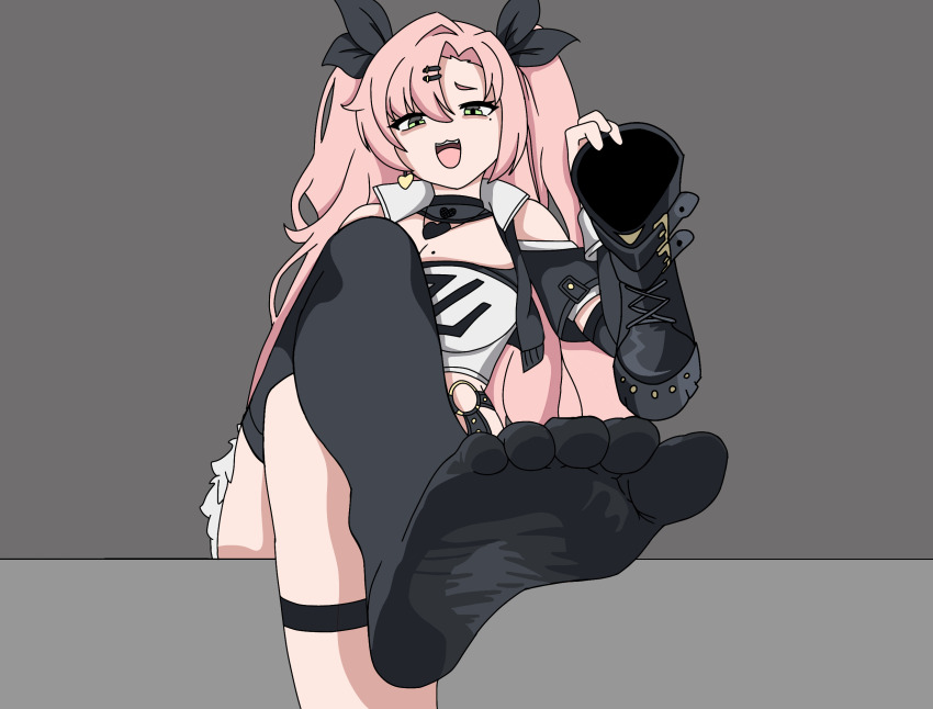 1girl black_thighhighs boots breasts crossed_legs feet green_eyes highres holding holding_shoes long_hair looking_at_viewer mole mole_on_breast nicole_demara open_mouth pink_hair shoes single_thighhigh soles thighhighs toes twintails unworn_boots unworn_shoes wfo zenless_zone_zero